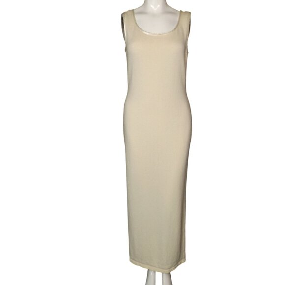 CACHE Knit Maxi Dress, M, Ivory, Satin Trim, Tank, Back Vent, Stretch, Pull over - Picture 9 of 12